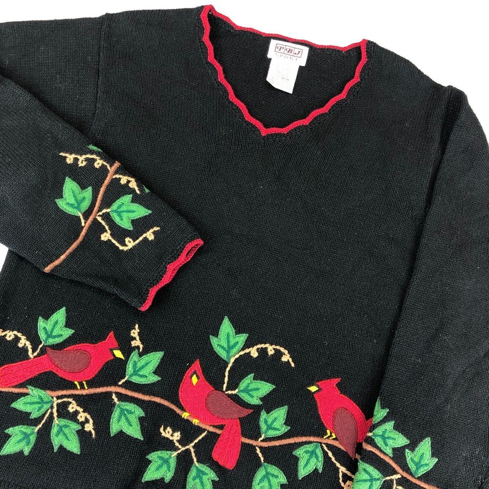 Vintage PBJ Sport Women's‎ V Neck Sweater Black Medium Cardinal Embroidered
